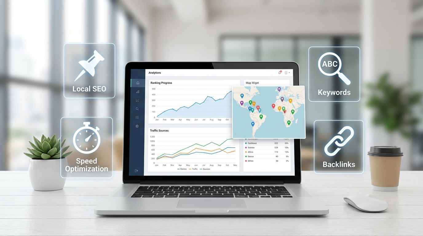 Laptop displaying SEO tools with icons for local SEO, keywords, speed, and backlinks, plus a map highlighting Caribbean and African regions.