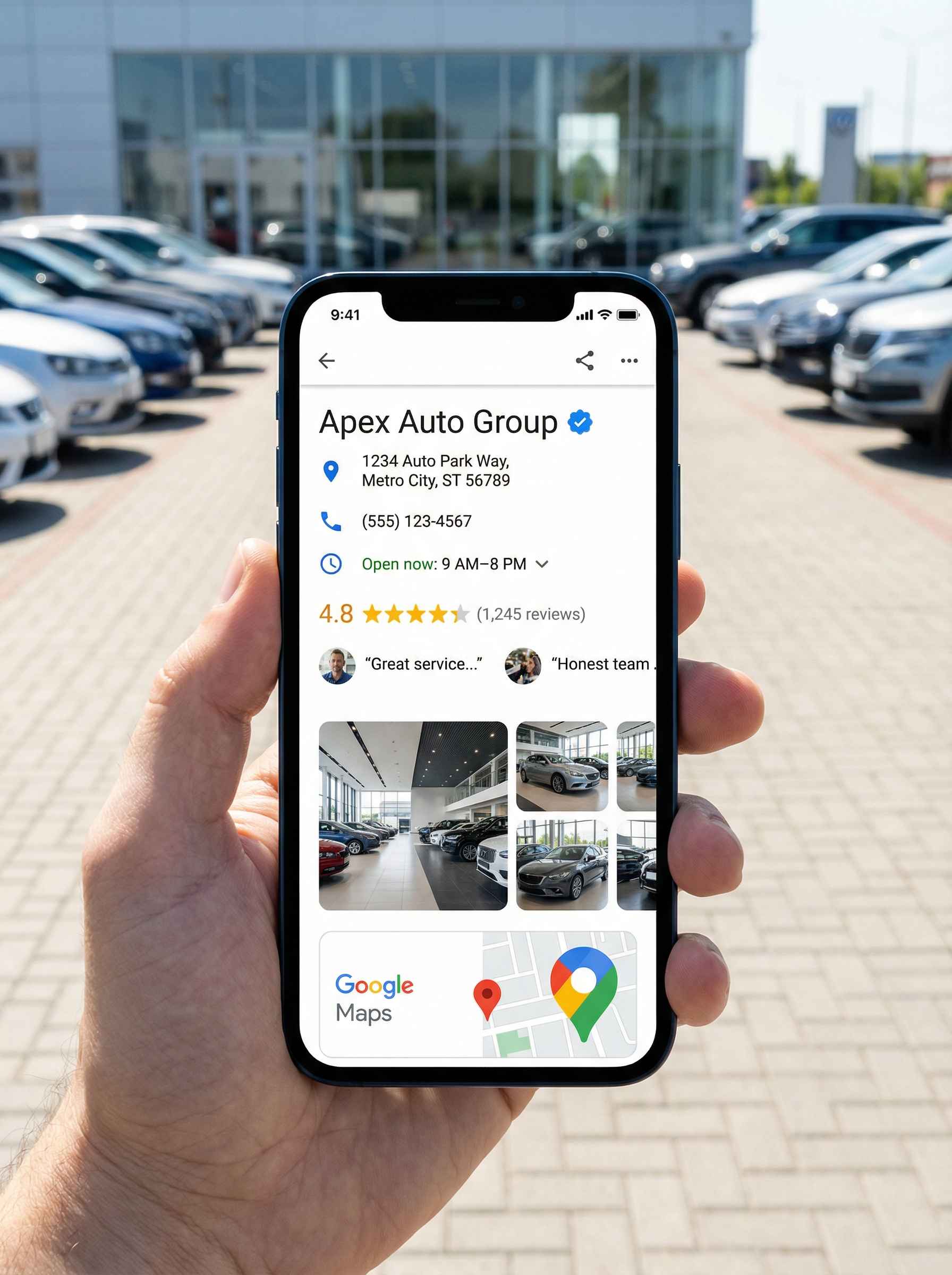 Hand holding a smartphone showing a Google Maps business profile for a car dealership with reviews and location details in front of a car lot