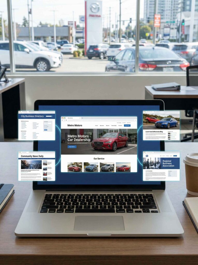 Local SEO for car dealers shown on a laptop displaying a car dealership website surrounded by local business directories, news sites, and automotive blogs inside a showroom office