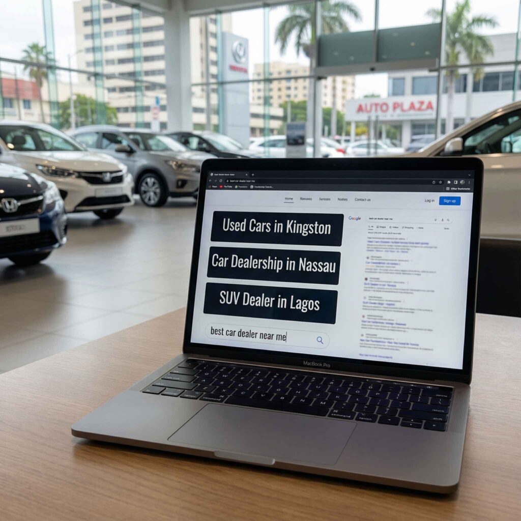 Laptop displaying local SEO landing pages for car dealerships with location based searches inside a modern car showroom