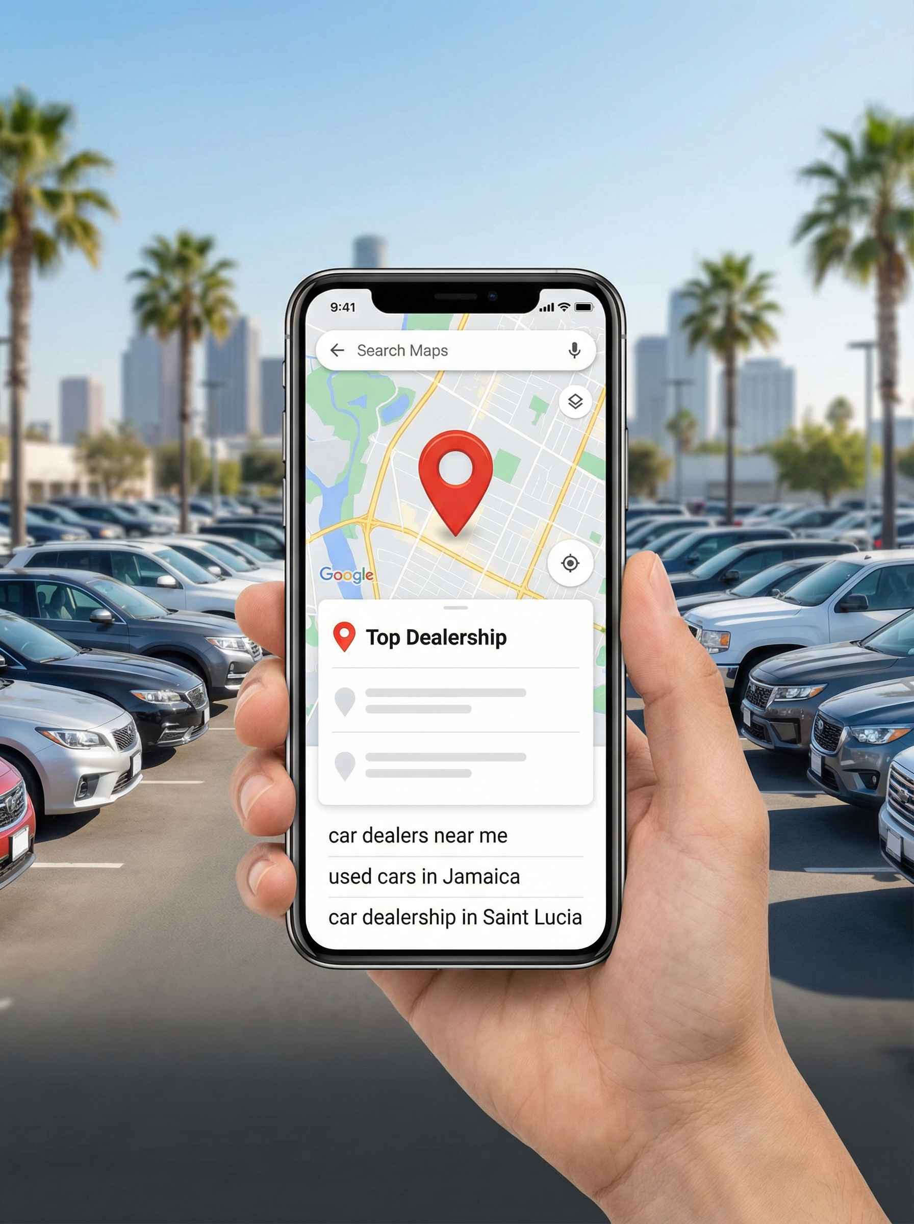 Mobile phone displaying a Google Maps search result for a top car dealership with parked cars visible in the background
