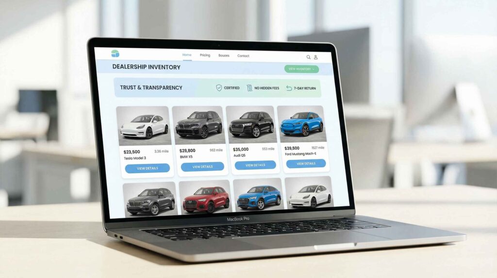 A clean, modern website interface displayed on a laptop or tablet showing a car dealership inventory page. Include realistic car photos, visible prices, mileage, model details, and simple call to action buttons. The layout should look organized and trustworthy, with bright lighting and a professional feel. Add soft digital UI accents to highlight clarity and transparency in the buying process.