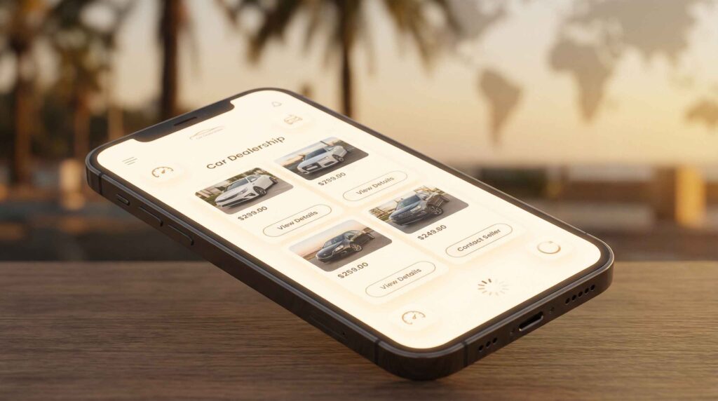 A modern smartphone mockup displaying a clean car dealership website layout with vehicle listings, clear photos, prices, and simple call to action buttons. Show the screen glowing slightly to highlight mobile responsiveness. Add subtle digital elements like speed icons, loading indicators, and smooth UI design lines to represent fast performance. Use a Caribbean and African market vibe with warm sunlight or subtle map outlines in the background. Keep the style professional and high quality.