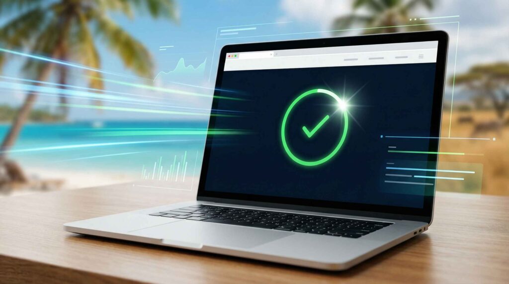 A sleek website interface on a laptop or phone with a visible fast loading indicator or progress circle completing instantly. Surround it with subtle digital speed elements like motion streaks, performance bars, and clean minimal UI lines. Use a bright, modern tech style that communicates efficiency and smooth performance. Background can include soft hints of the Caribbean or African environment.