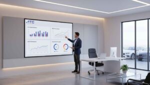 Business professional presenting car sales analytics, SEO performance charts, and social media insights on a large digital screen inside a modern dealership office with cars visible through the glass windows.