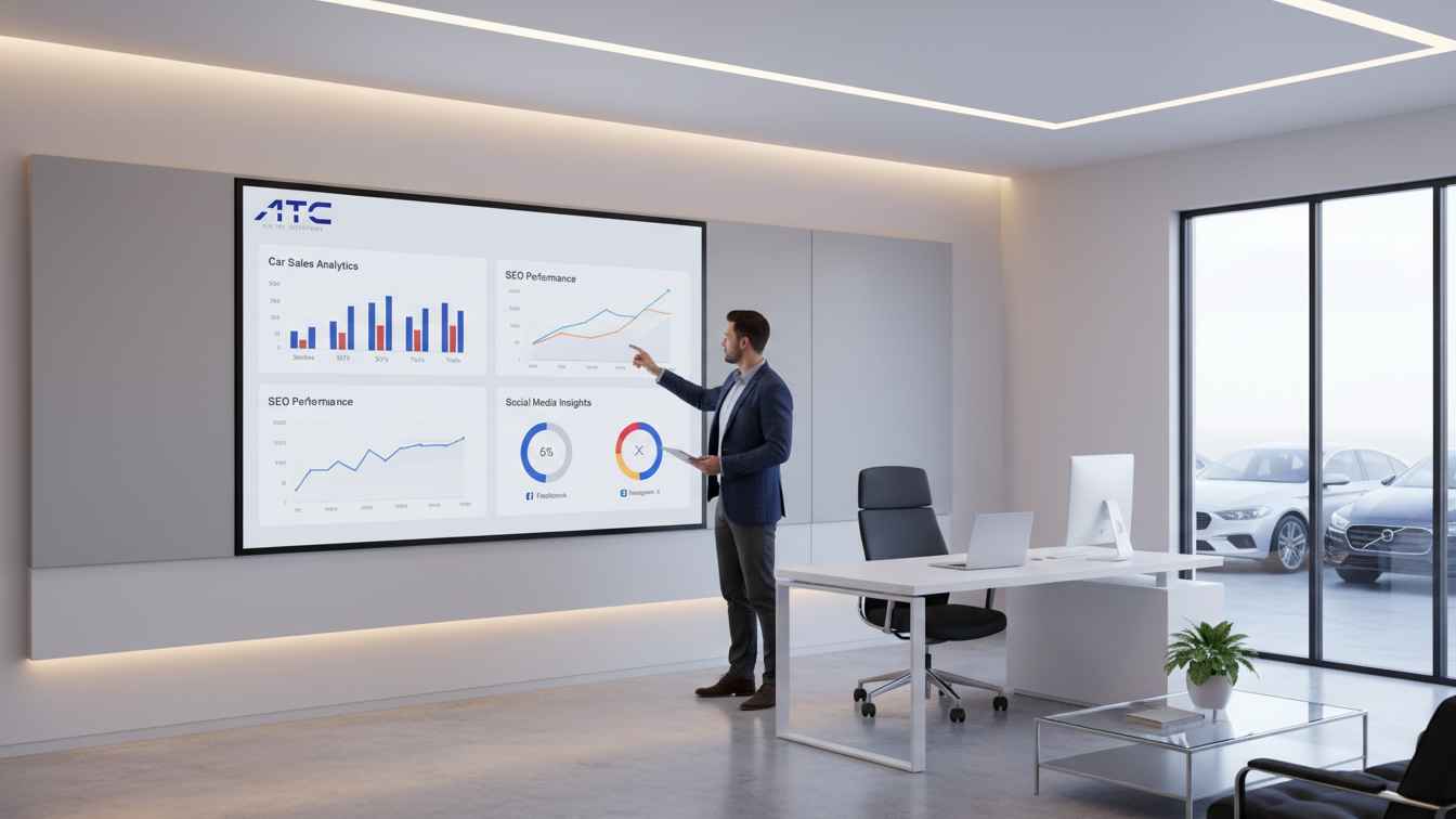 Business professional presenting car sales analytics, SEO performance charts, and social media insights on a large digital screen inside a modern dealership office with cars visible through the glass windows.