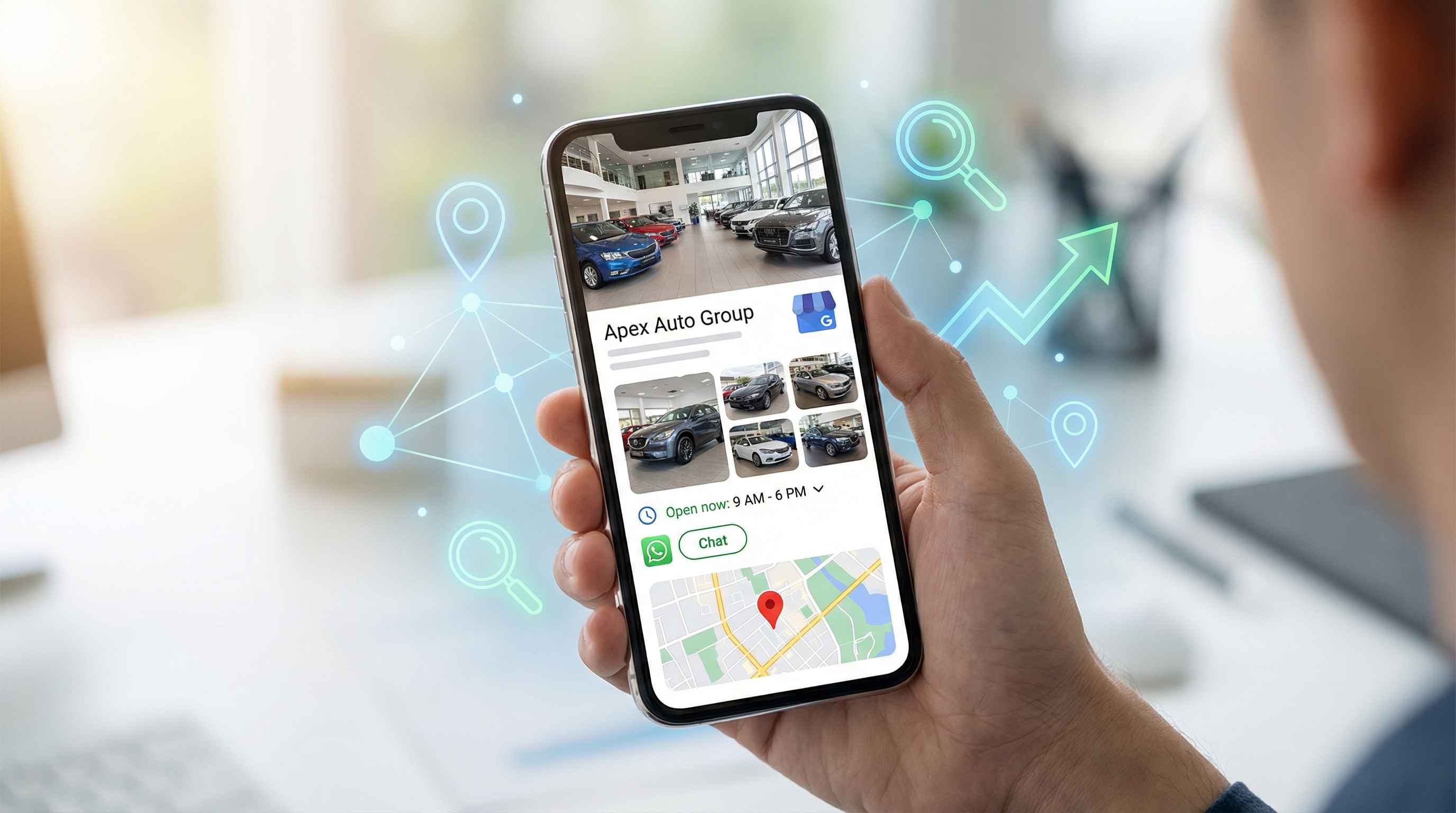 Smartphone showing a Google Business Profile with photos, hours, WhatsApp contact, and a map pin, representing SEO for car dealers.