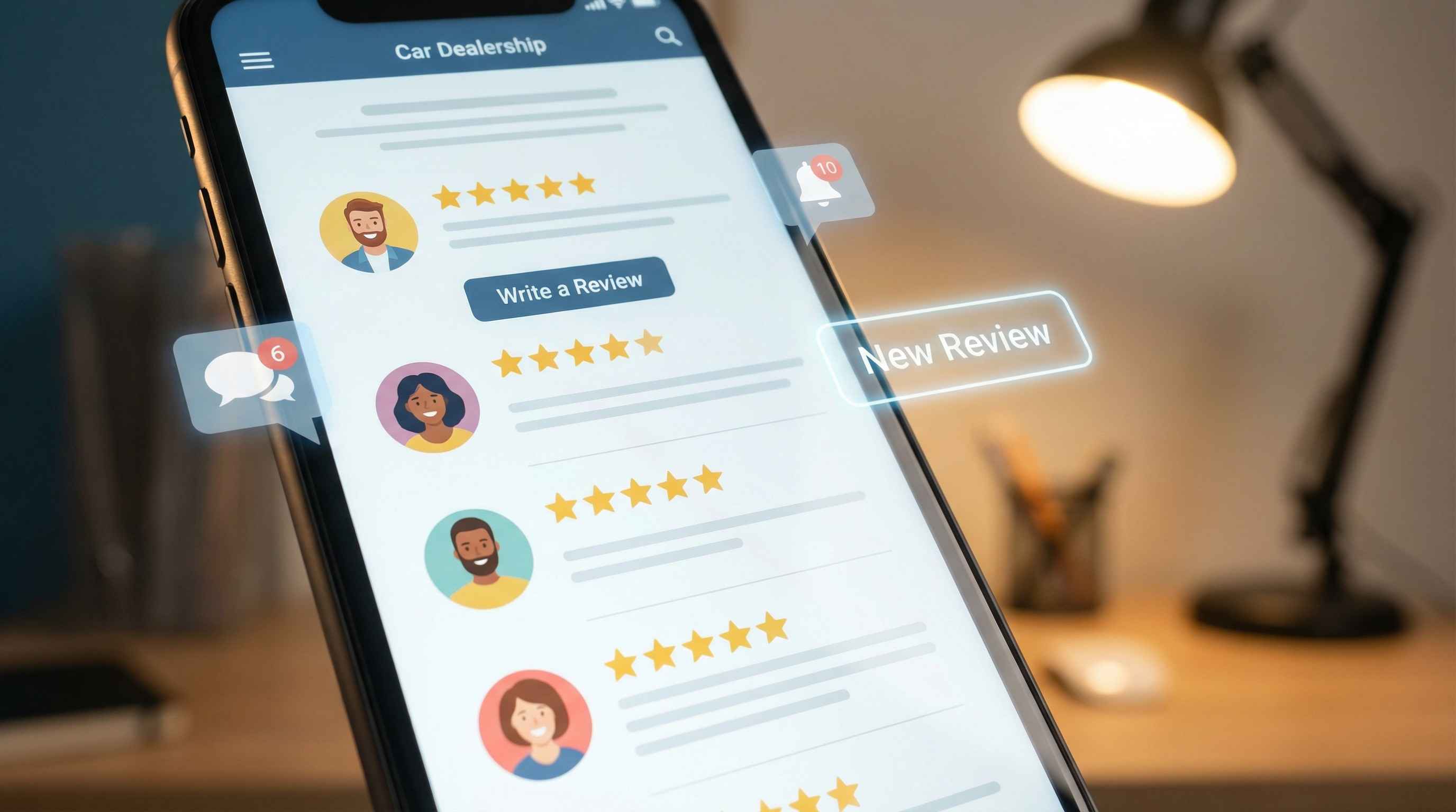 Laptop or phone displaying a dealership’s 5 star reviews and customer feedback interface, illustrating SEO for car dealers.