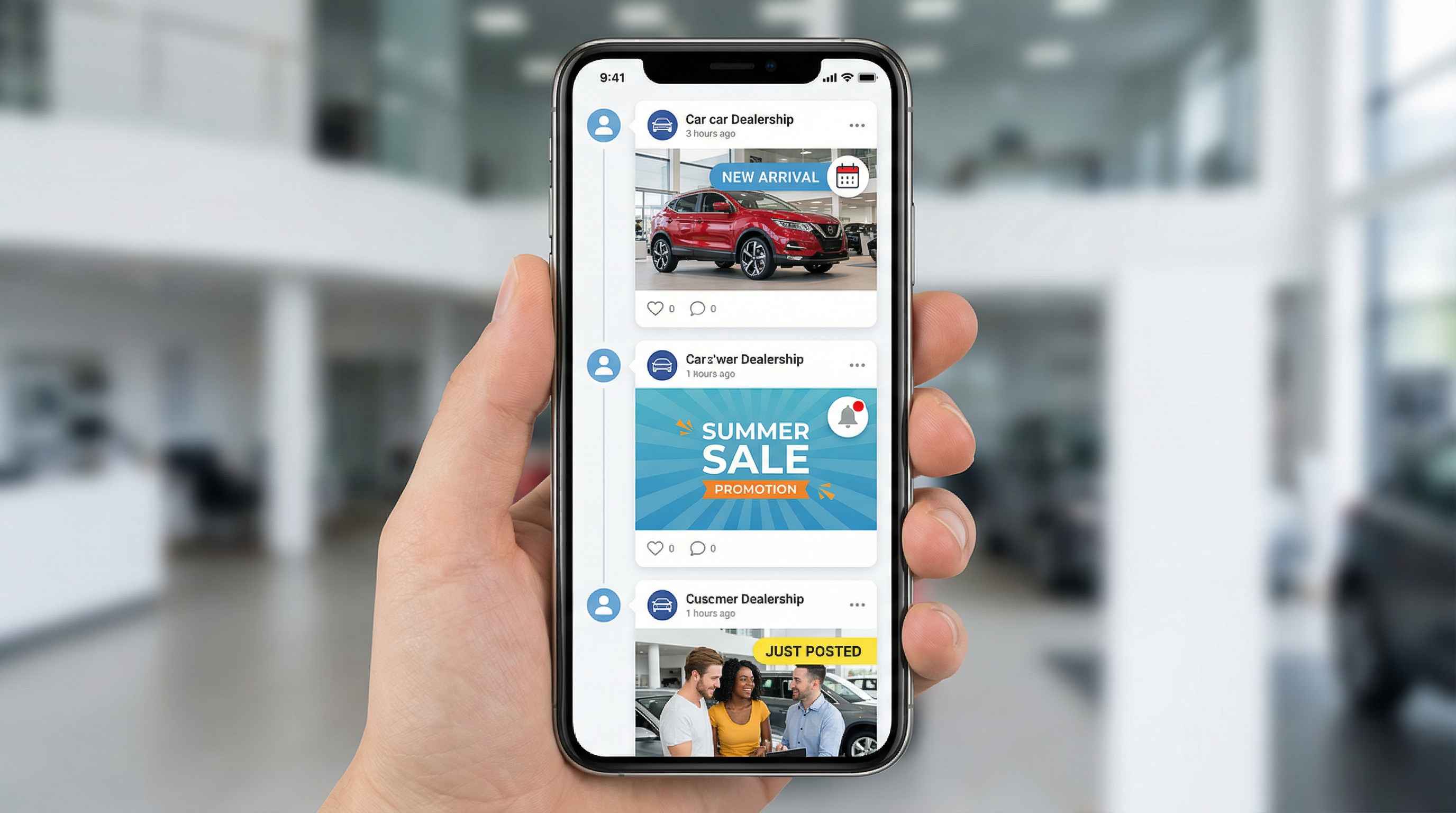 Smartphone showing a dealership’s update feed with new arrivals and promotions, highlighting SEO for car dealers.