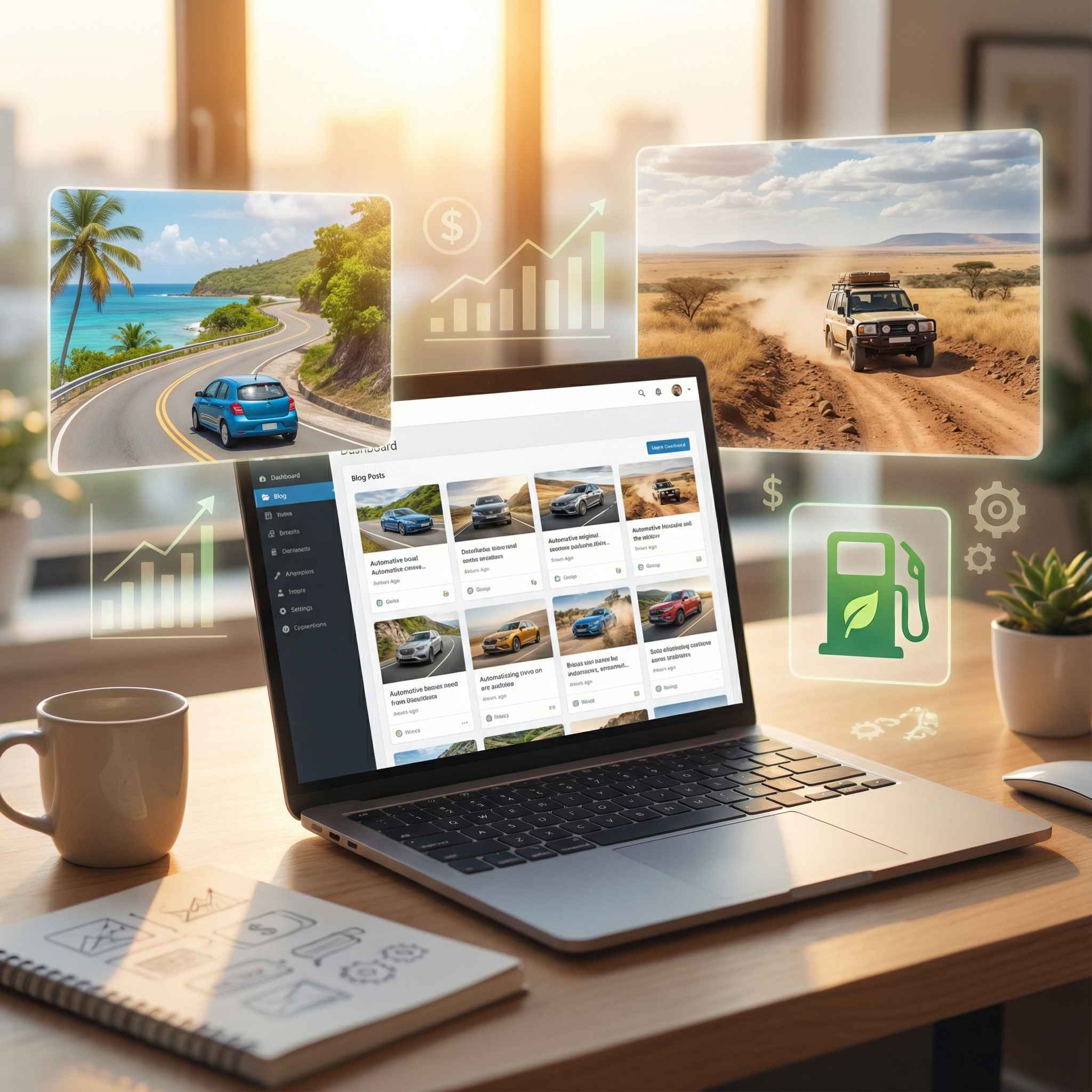 A laptop showing automotive blog topics with visual overlays of Caribbean roads, African SUV terrain, fuel efficiency icons, and financing symbols, representing strong SEO content ideas for car dealers.