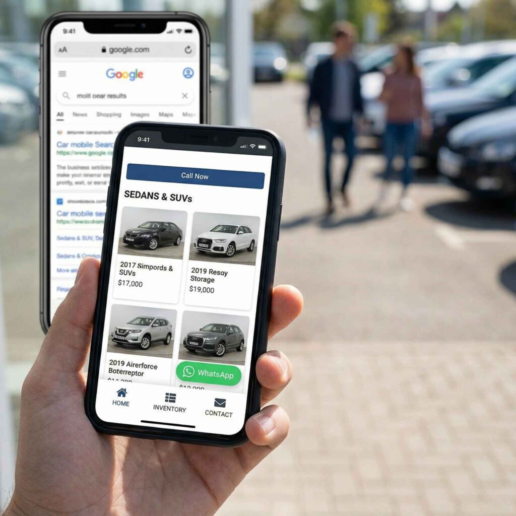 Local SEO for car dealers shown on a smartphone displaying mobile car listings, click to call, and WhatsApp contact options outside a dealership lot