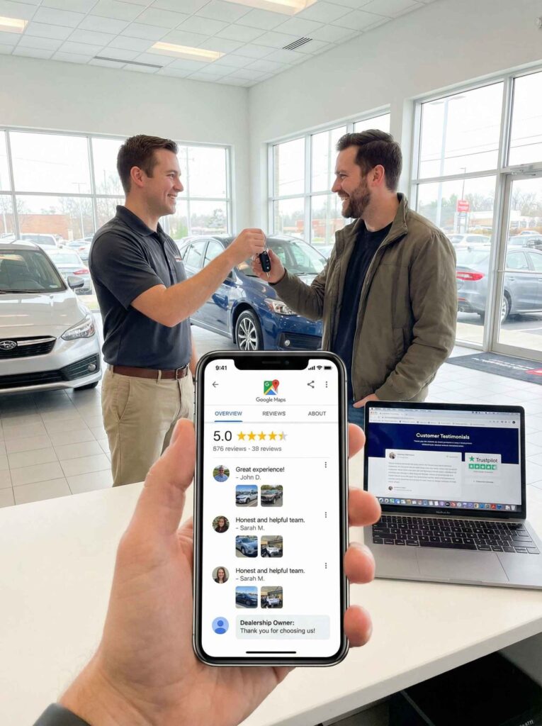 Local SEO for car dealers shown through a dealership key handover with Google reviews and customer testimonials displayed on a smartphone