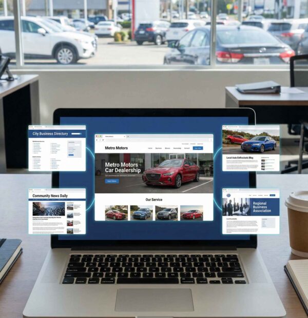 Local SEO for car dealers shown on a laptop displaying a car dealership website surrounded by local business directories, news sites, and automotive blogs inside a showroom office