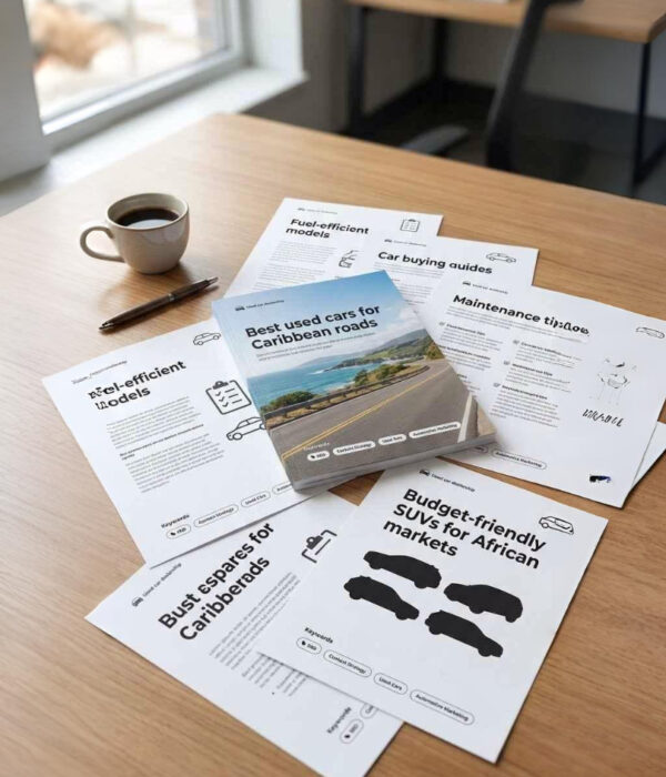Printed content marketing ideas for used car dealers, showing topics like buying guides and model recommendations to support digital marketing for used car dealerships.