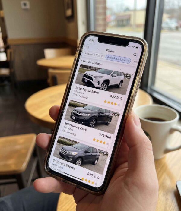 Realistic smartphone in a person’s hand displaying used car listings, price comparisons, and dealer ratings, representing digital marketing for used car dealers.